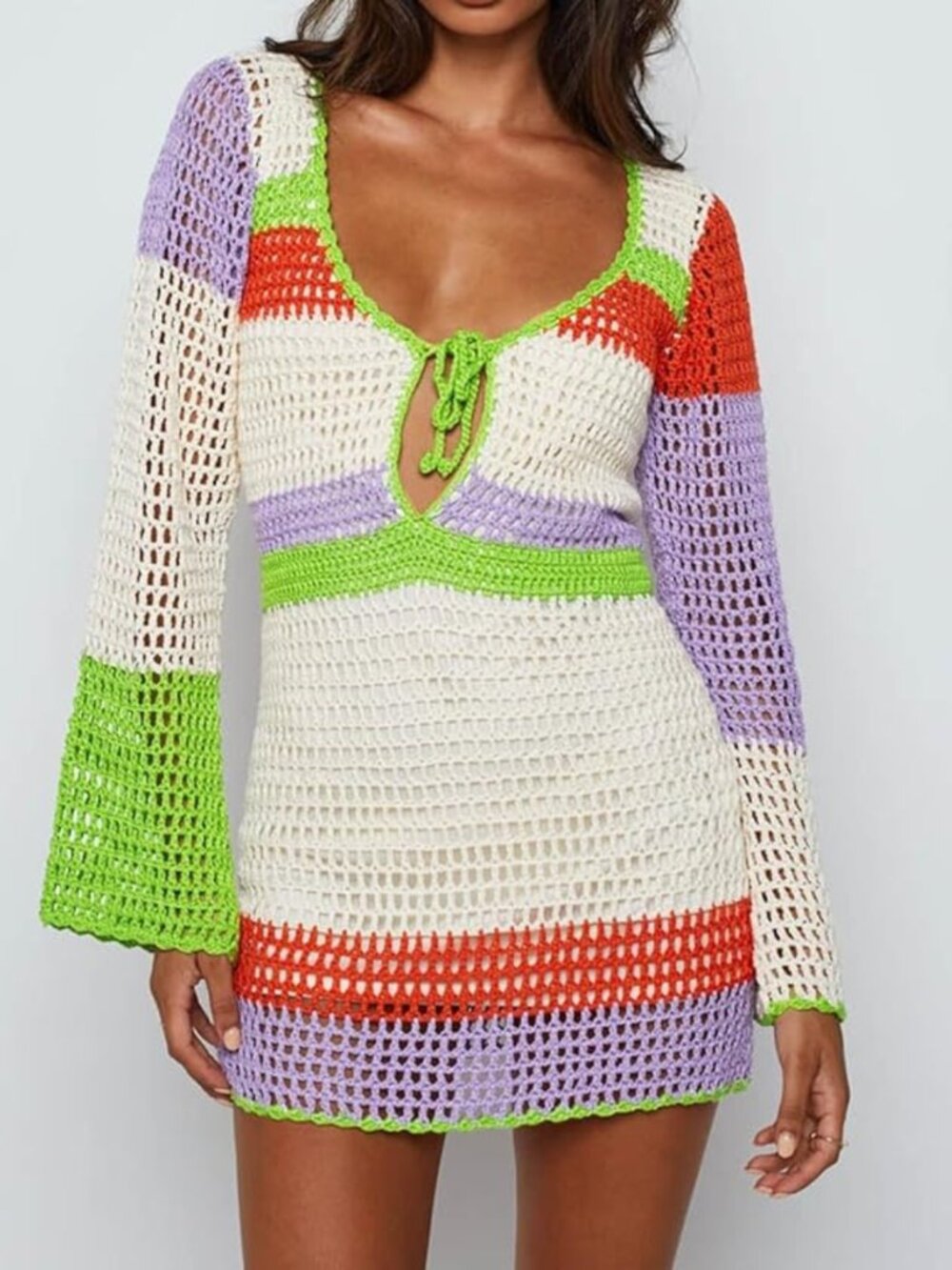 Crochet Long Sleeve Stripe Mini Dress / Beach Cover Up